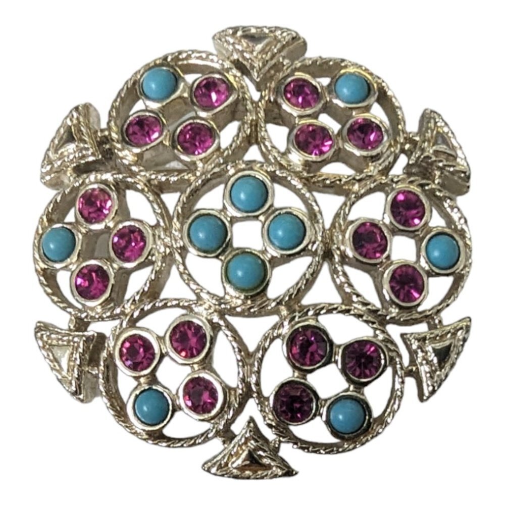 Vintage 1971 Sarah Coventry "Ceylon" Brooch (7496) Pink and Turquoise Silver